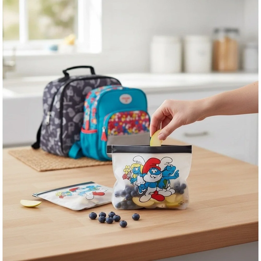 The Smurfs Reusable Snack Bags 2pk x2 and Toast Stamp Blue Retro School Lunch